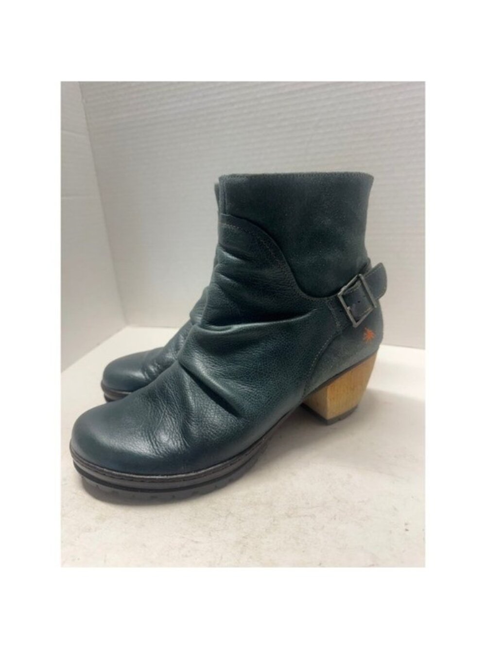 The Art Company Teal Leather Slouch Ankle Boots Wood Block Heel Spain 8.5 39 516